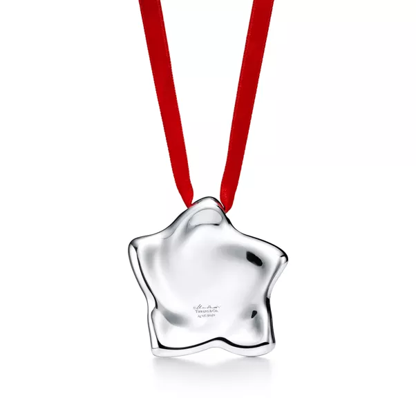 Star Ornament in Sterling Silver on a Red Ribbon