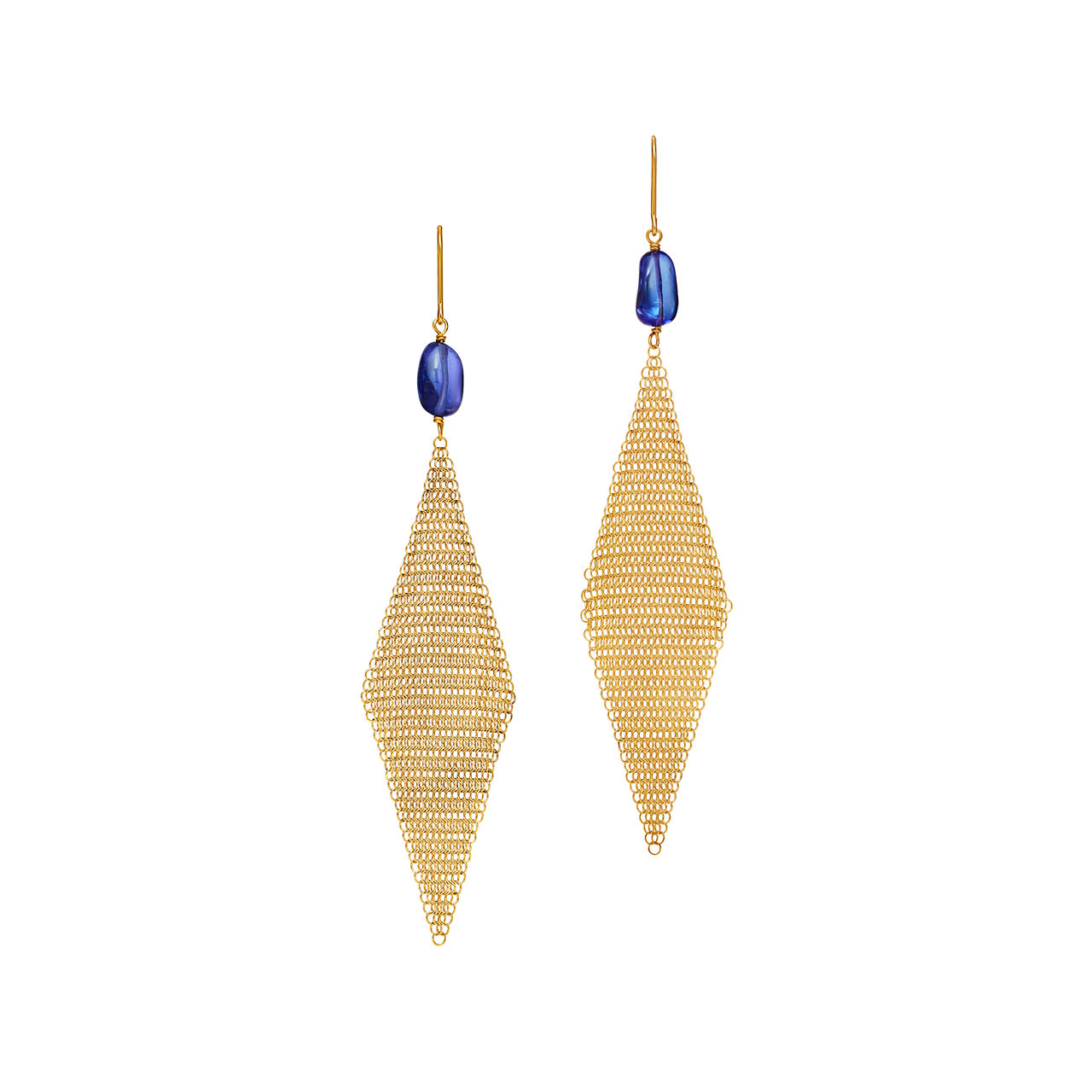 Mesh Earrings in Yellow Gold with Tumbled Tanzanite Beads