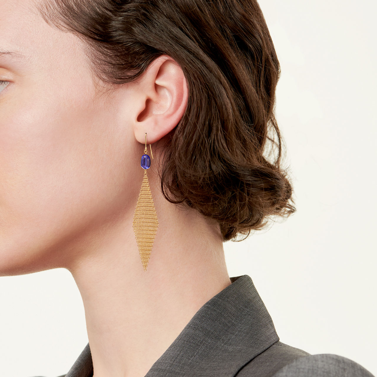 Mesh Earrings in Yellow Gold with Tumbled Tanzanite Beads