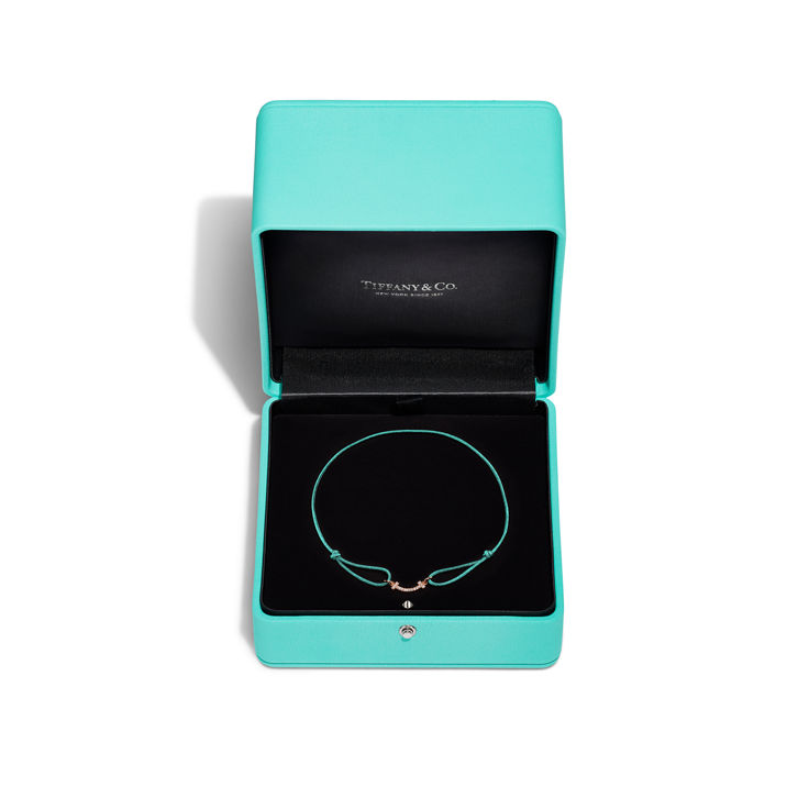 Tiffany T:Smile Bracelet in Rose Gold on a Blue Cord with Diamonds image number 4