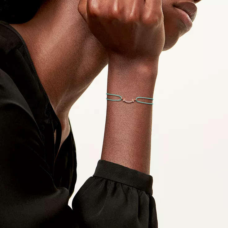 Tiffany T:Smile Bracelet in Rose Gold on a Blue Cord with Diamonds, 1