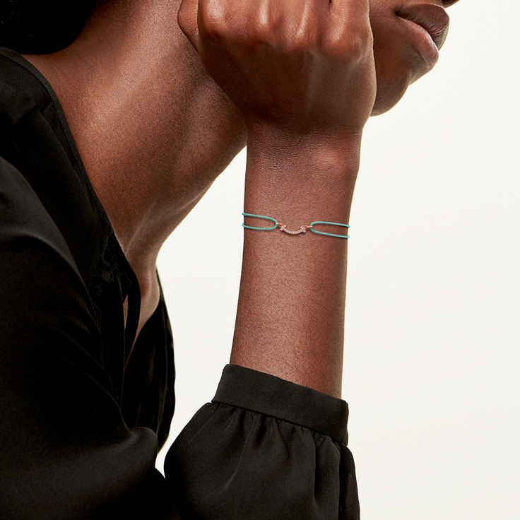 Tiffany T:Smile Bracelet in Rose Gold on a Blue Cord with Diamonds image number 1