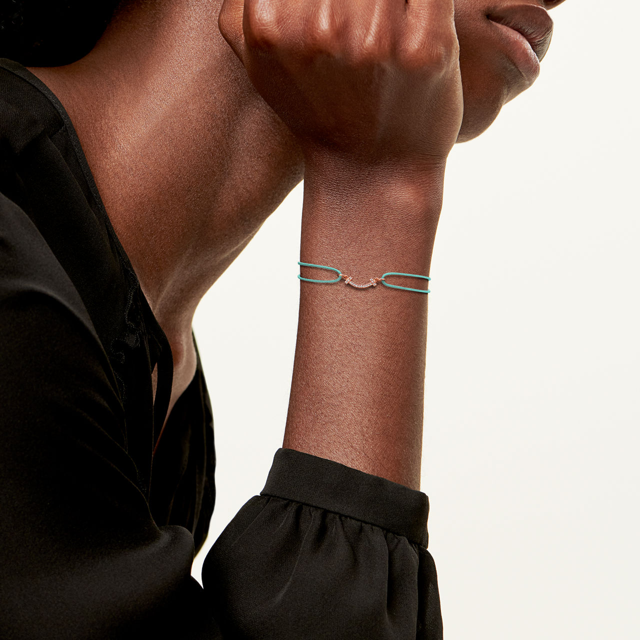 Smile Bracelet in Rose Gold on a Blue Cord with Diamonds