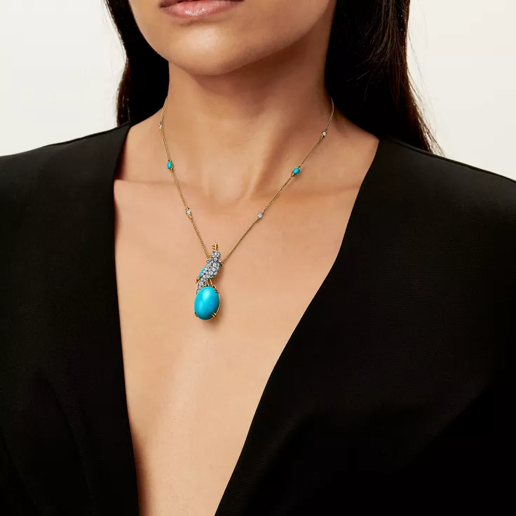 Bird on a Rock by Tiffany:Pendant in Gold and Platinum with Turquoise, Diamonds and Rubies, 1