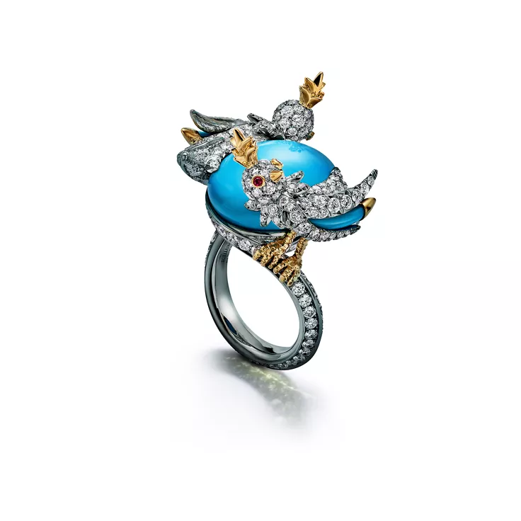 Bird on a Rock by Tiffany:Wickelring in Platin und Gold mit Türkis und Diamanten, 1