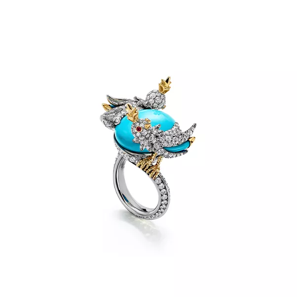 Wickelring in Platin und Gold mit Türkis und Diamanten