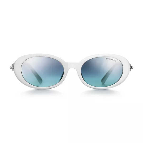 Sonnenbrille aus weißem Acetat, Farbverlauf azurblau