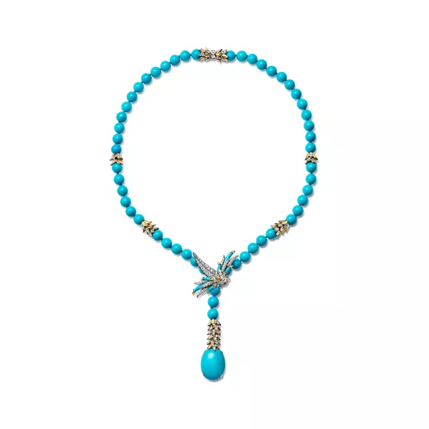 Collar estilo Lariat de platino y oro con turquesa