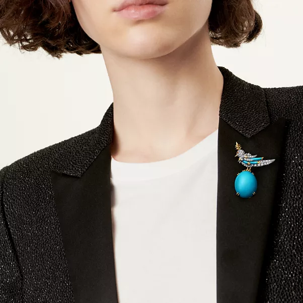 Bird on a Rock by Tiffany:Broche en platine 950&nbsp;milli&egrave;mes et or 18&nbsp;carats avec turquoise et diamants