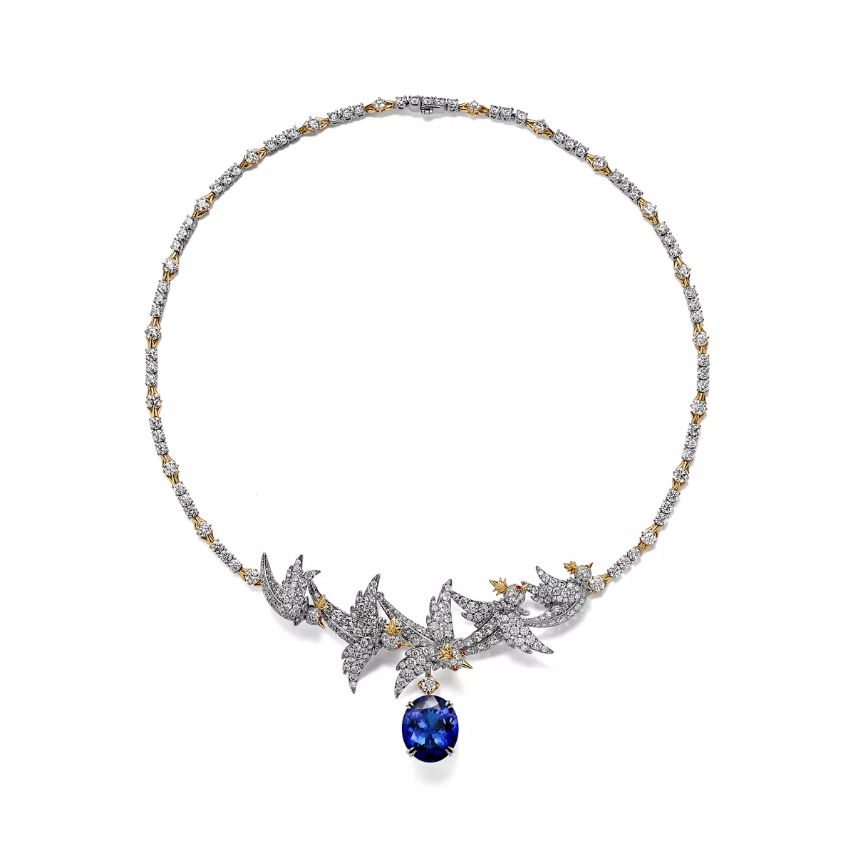 Halskette in Platin, Gold, mit Tansanit und Diamanten