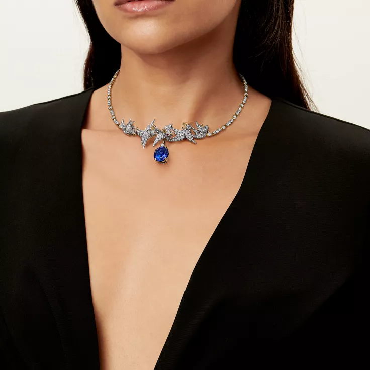 Bird on a Rock by Tiffany:Halskette in Platin, Gold, mit Tansanit und Diamanten, 1