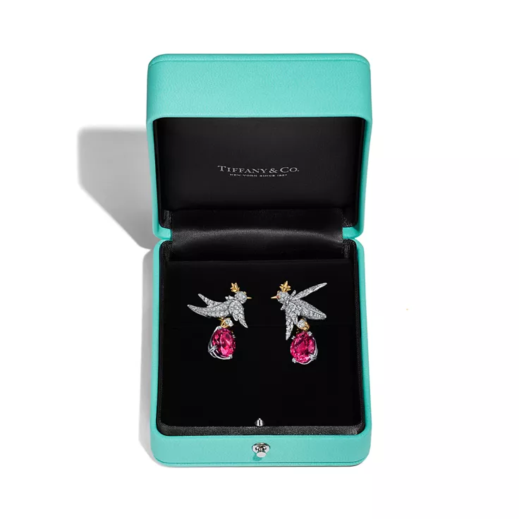 Bird on a Rock by Tiffany:Drop Earrings in Platinum and Gold with Rubellites, 1