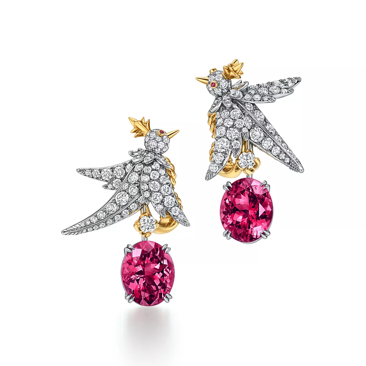 Drop Earrings in Platinum and Gold with Rubellites