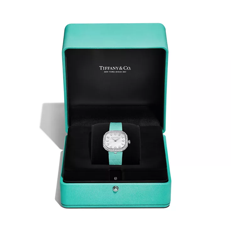 Tiffany Eternity:28 mm Cushion-shaped Watch in White Gold with Diamonds and a Mother-of-pearl Dial, 5