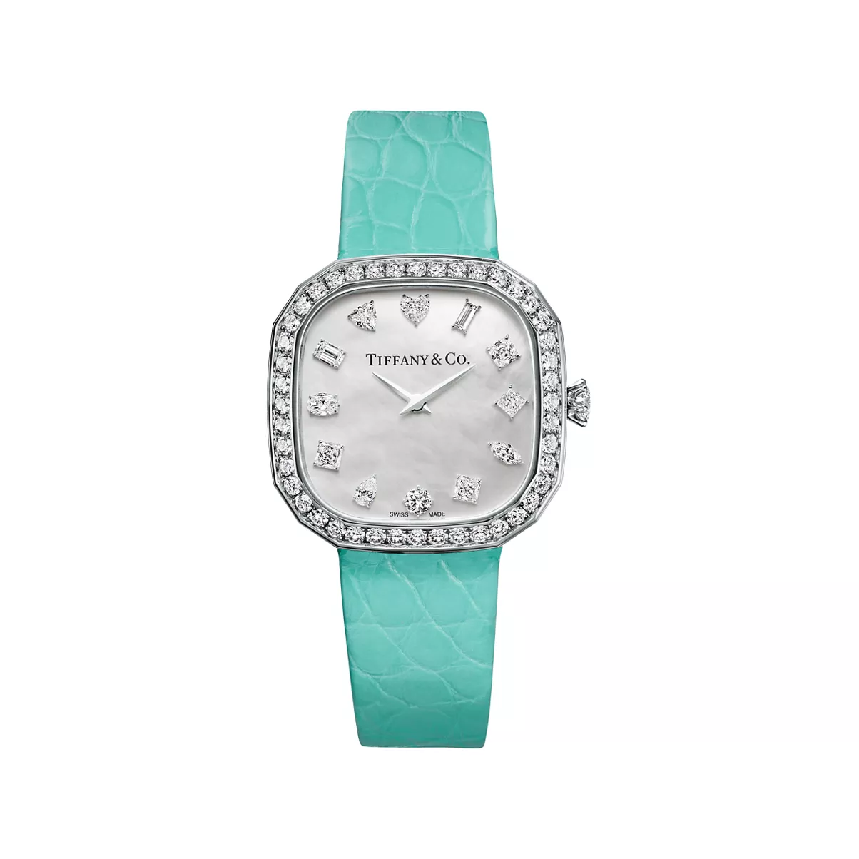 28 mm Cushion-shaped Watch in White Gold with Diamonds and a Mother-of-pearl Dial