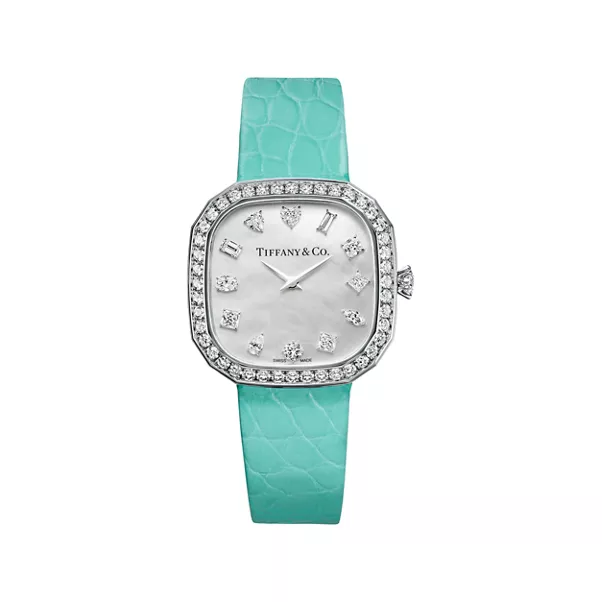 28 mm Cushion-shaped Watch in White Gold with Diamonds and a Mother-of-pearl Dial