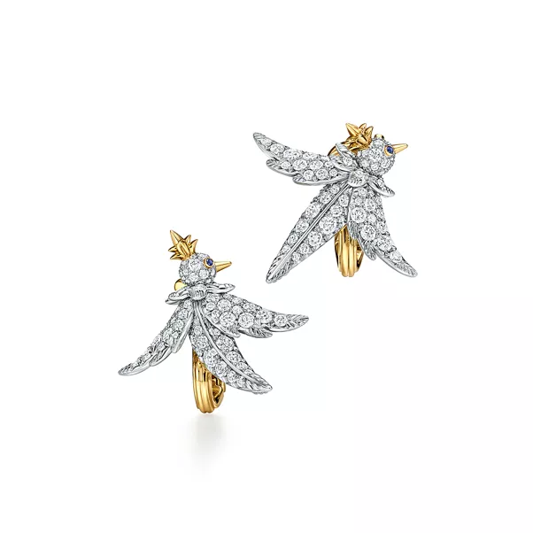 Bird Earrings in Platinum and Gold with Diamonds