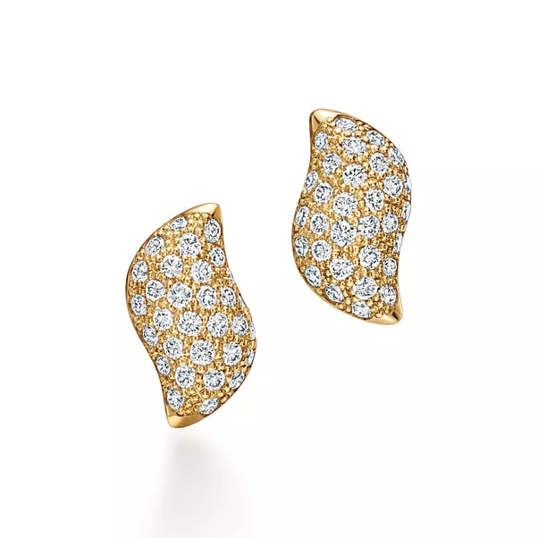 Mini Stud Feather Earrings in Yellow Gold with Pav&eacute; Diamonds