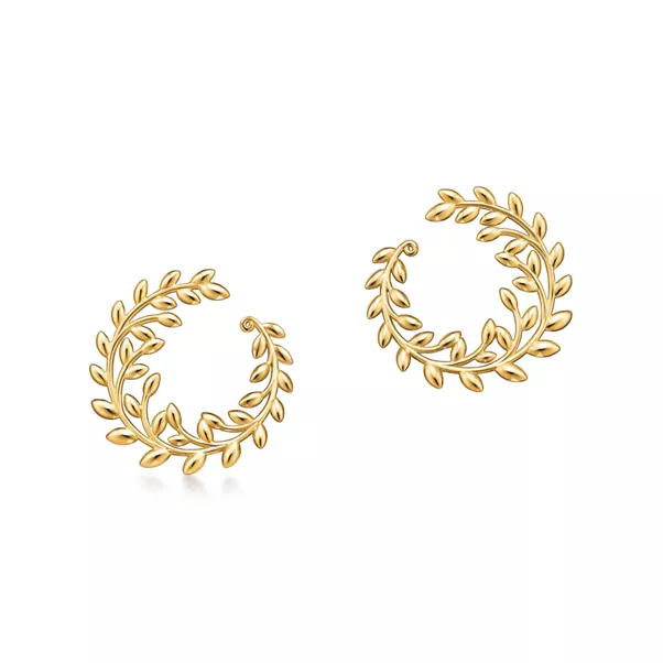 Olive Leaf Bypass Hoop Earrings in Yellow Gold