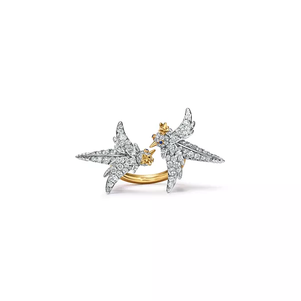 Anillo Lovebirds de platino y oro con diamantes
