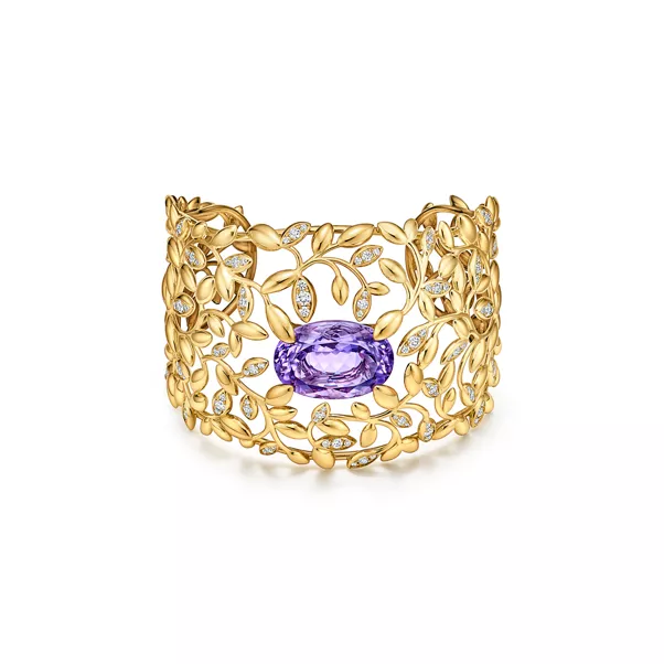 Olive Leaf Amethyst Cuff in Yellow Gold with Diamonds