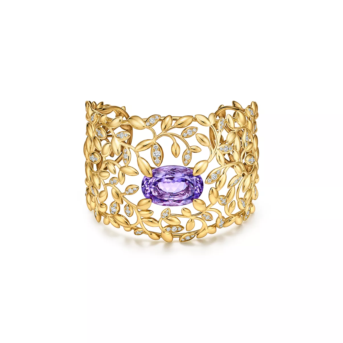 Olive Leaf Amethyst Cuff in Yellow Gold with Diamonds