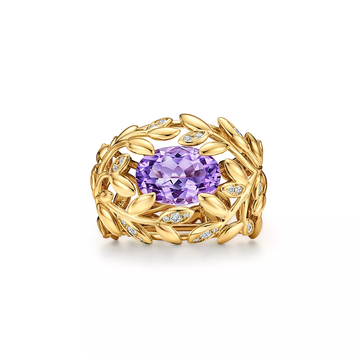 Olive Leaf Amethyst Ring in Yellow Gold with Diamonds