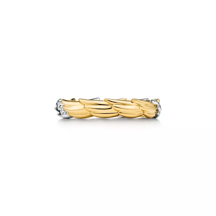 티파니 버드 온 어 락:윙스 밴드 링, 골드 및 플래티늄, 파베 다이아몬드 세팅, 4