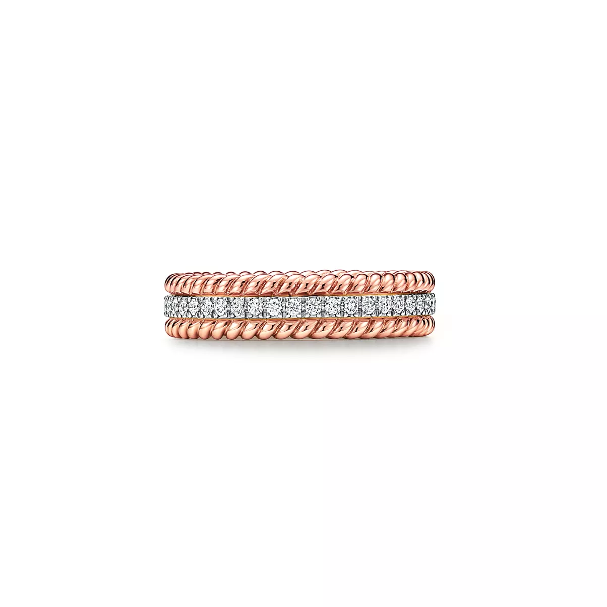 Anillo de dos hileras de oro rosa y platino con diamantes