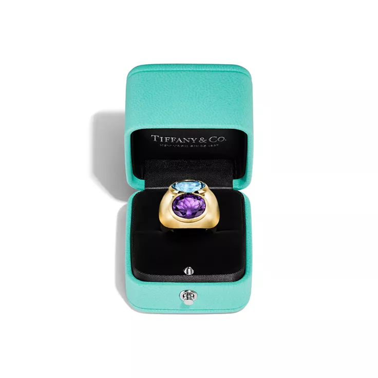 Paloma's Studio:Large Double Oval Aquamarine and Amethyst Ring in Yellow Gold, 4