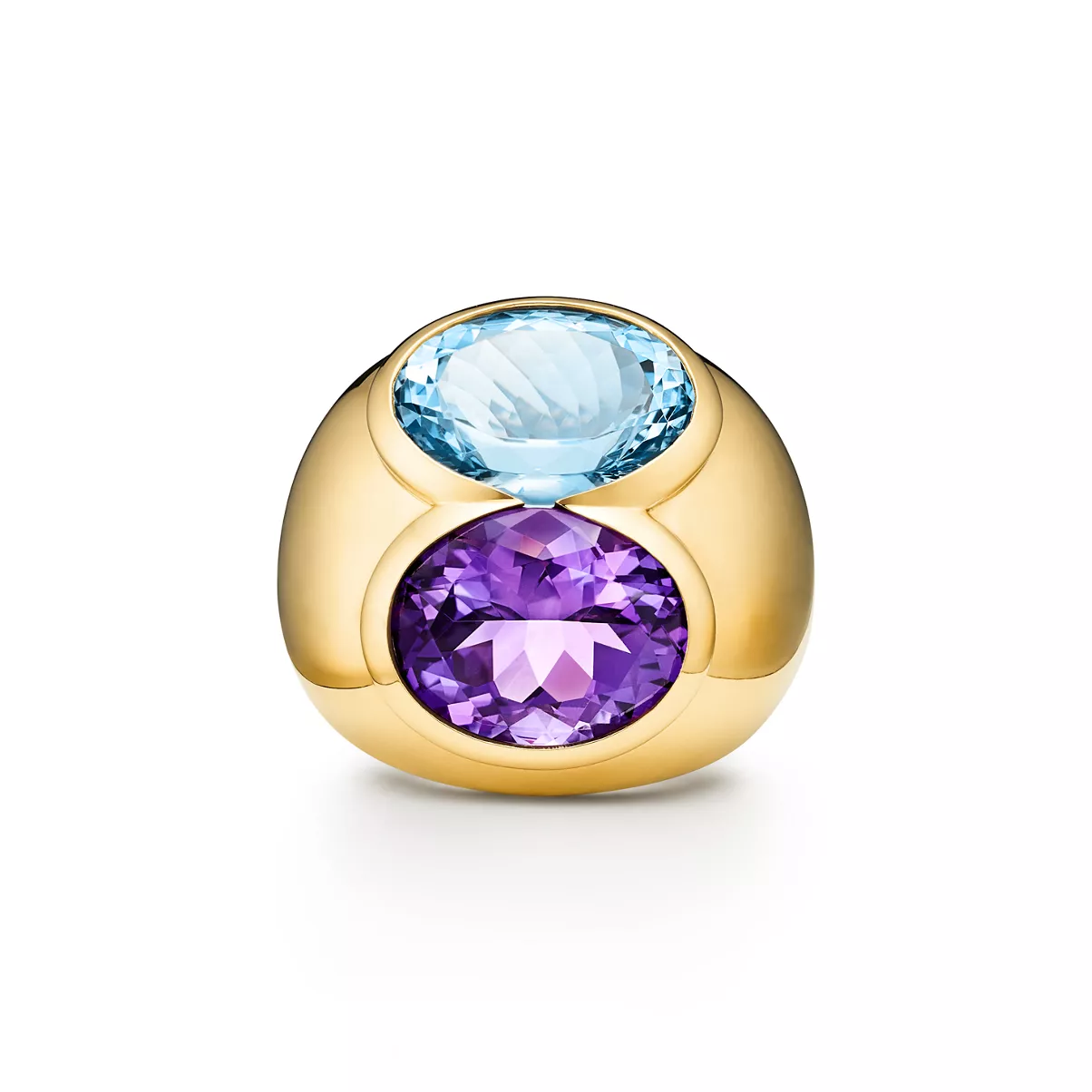 Large Double Oval Aquamarine and Amethyst Ring in Yellow Gold