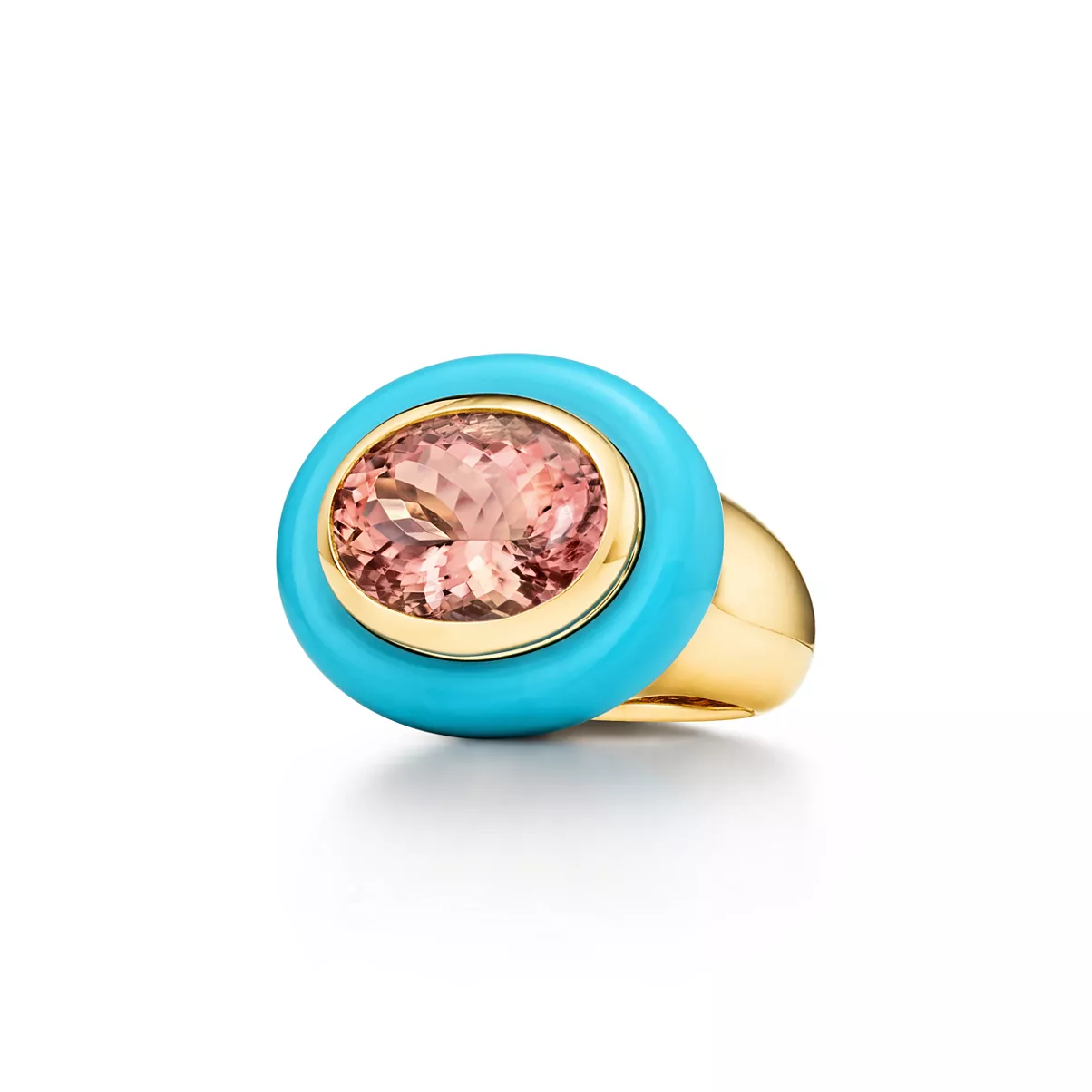Bague turquoises et tourmaline p&ecirc;che en or