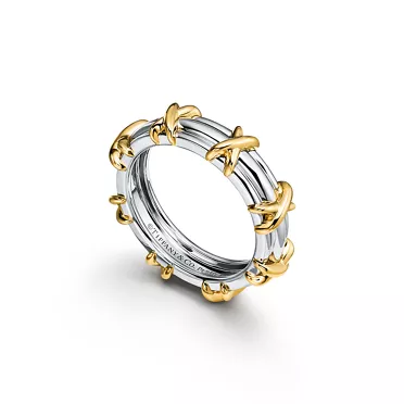 Sixteen Stone par Tiffany:Anneau en platine 950 milli&egrave;mes et or jaune 18 carats. Largeur : 4,5 mm, 3