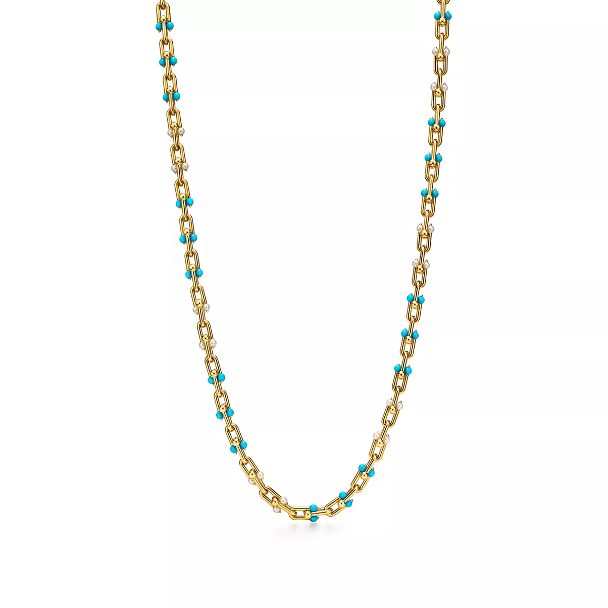 Transformable Long Necklace in Gold with Pearls and Turquoise