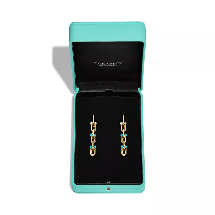 Tiffany HardWear:Medium Link Drop Earrings in Gold with Pearls and Turquoise, 4