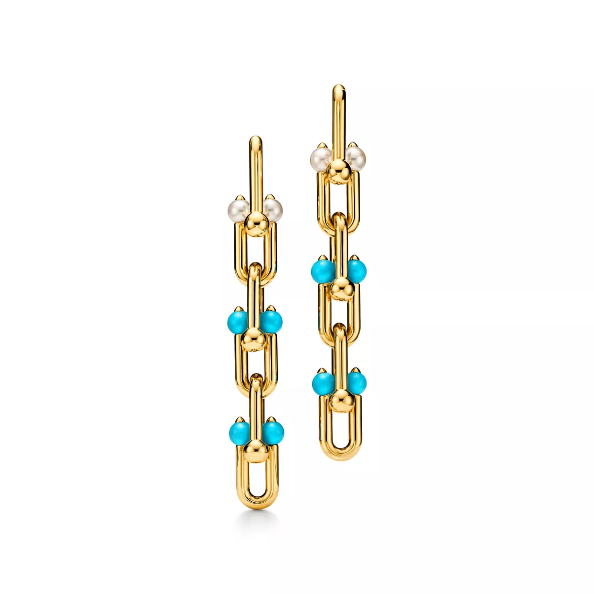 Medium Link Drop Earrings in Gold with Pearls and Turquoise