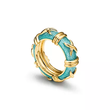 Enamel Collections:Narrow Croisillon Ring in Yellow Gold with Azure Blue Enamel, 2