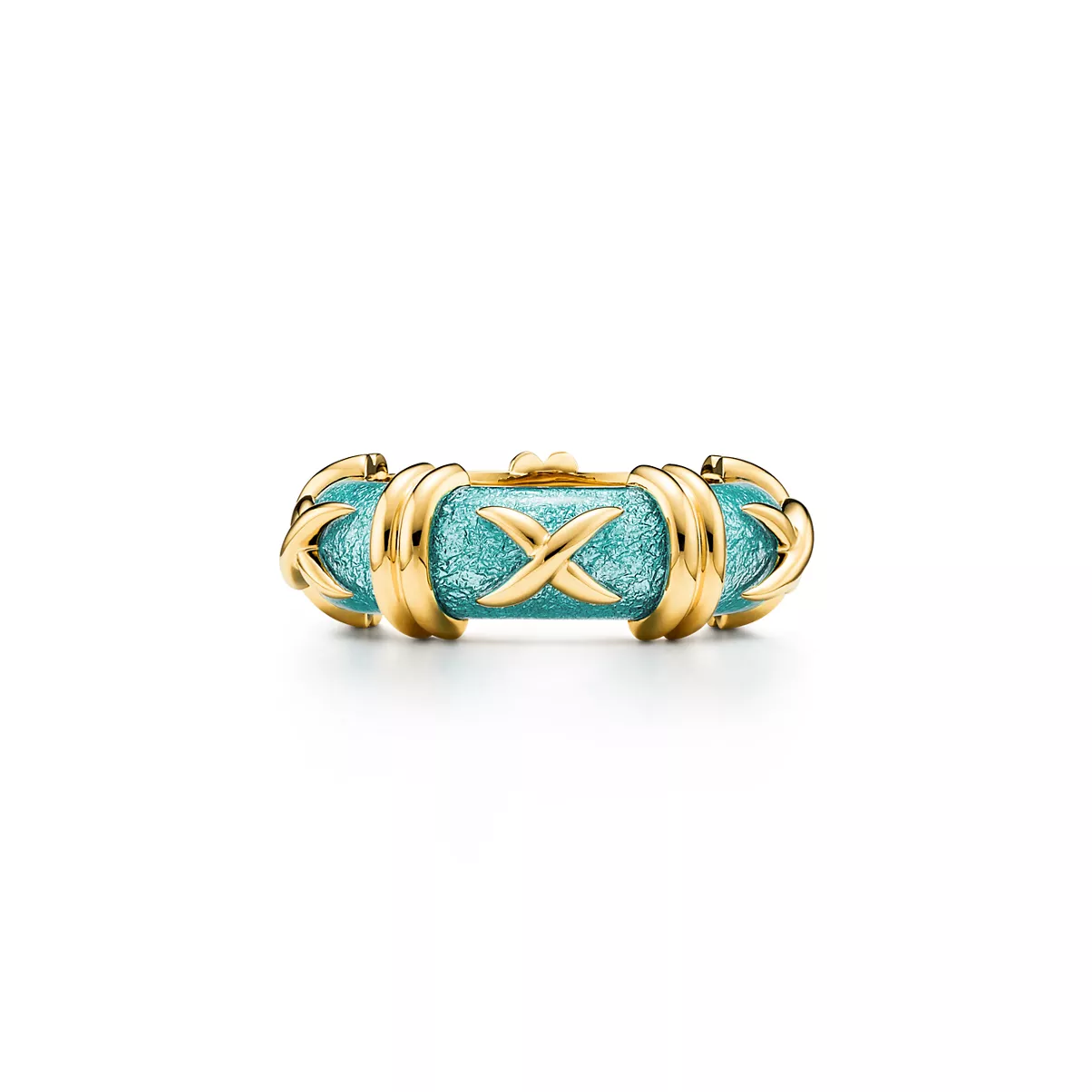 Narrow Croisillon Ring in Yellow Gold with Azure Blue Enamel