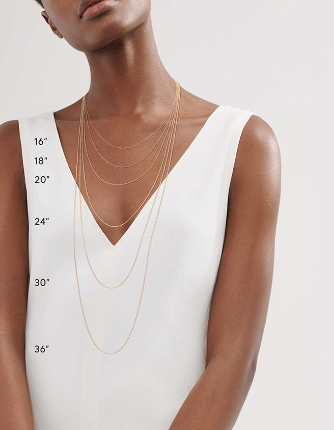 Model showing Tiffany necklace lengths from 16 to 36 inches.