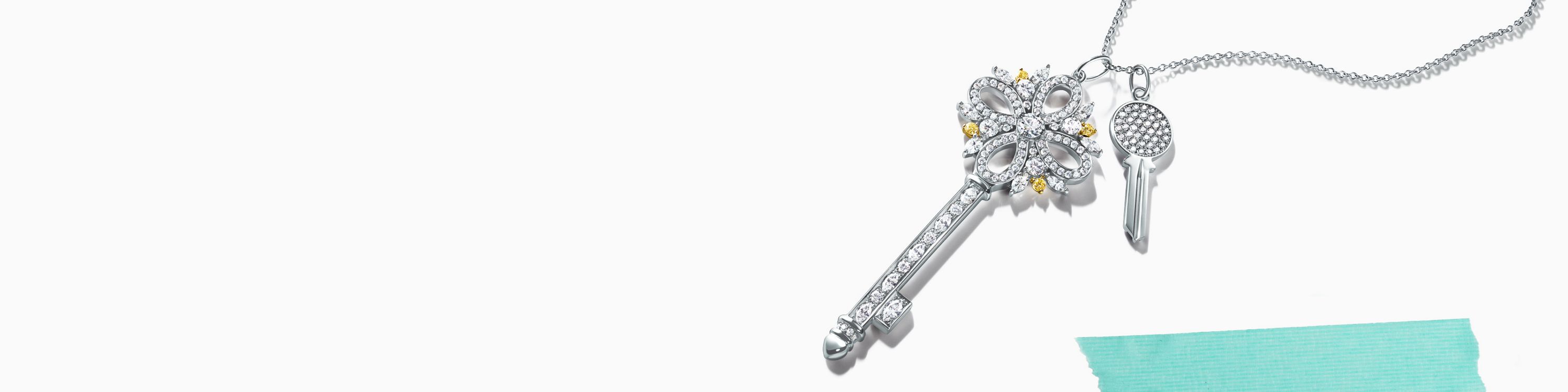 Tiffany Keys petals key pendant with diamonds in platinum on a chain.