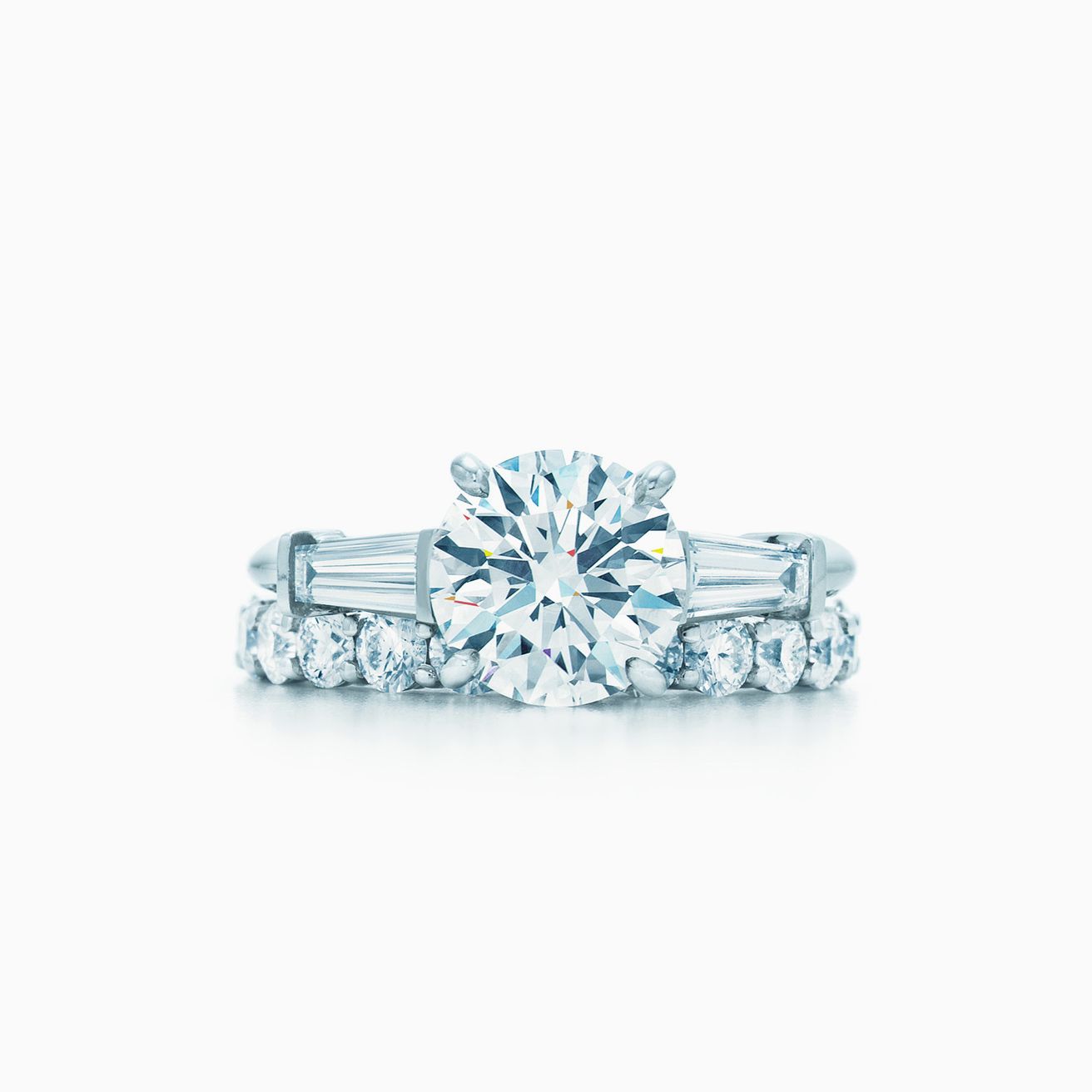 Tiffany Three Stone engagement ring with baguette side ...