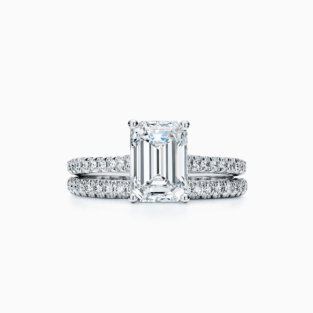 Tiffany Novo® emerald-cut engagement ring with a pavé diamond band in ...