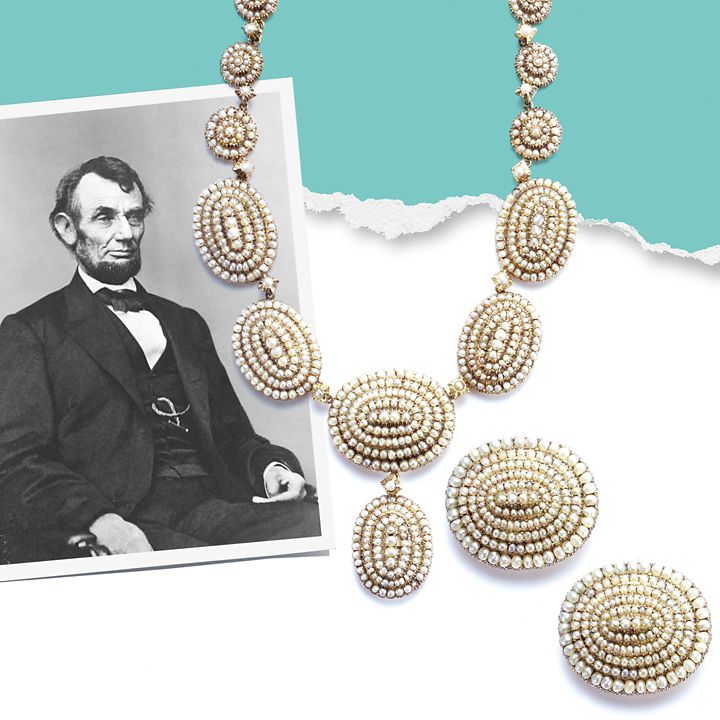 President Abraham Lincoln purchases a Tiffany seed pearl necklace and earrings for his wife